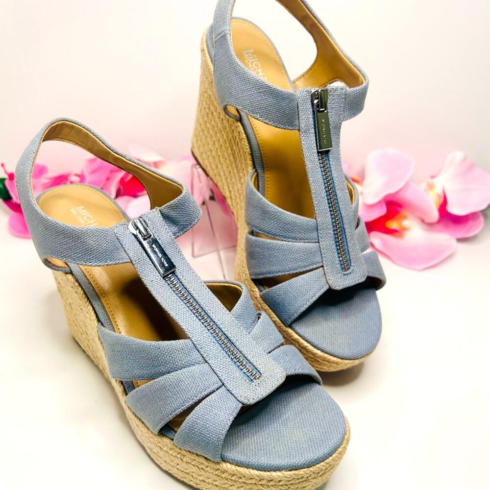 Michael Kors Berkley Espadrille Wedge Sandals 8.5M Blue Linen Zip Platform - Picture 7 of 17
